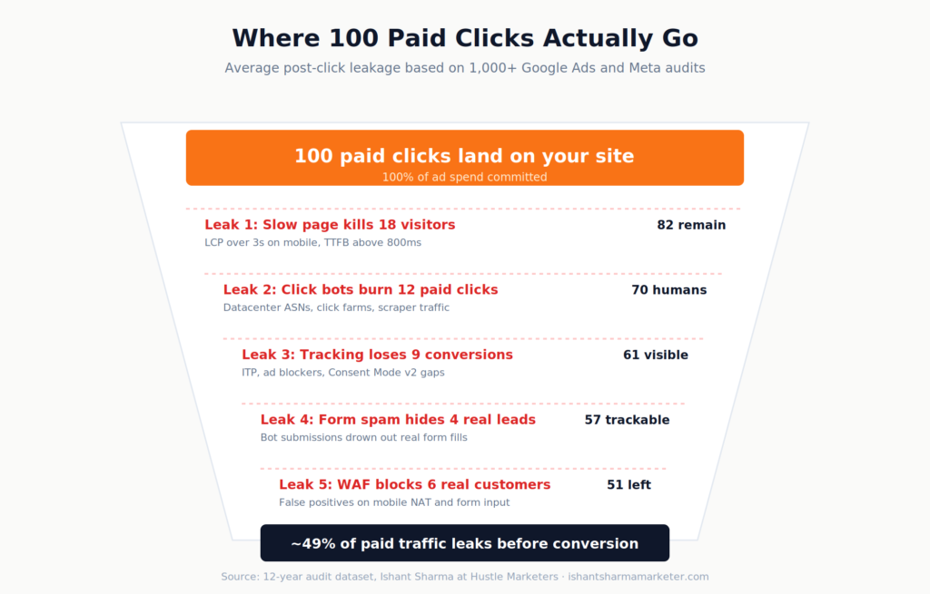 Funnel diagram showing how 49 of 100 paid Google Ads clicks leak before conversion across five post-click failure points: slow page speed, click bots, tracking loss, form spam, and WAF false positives