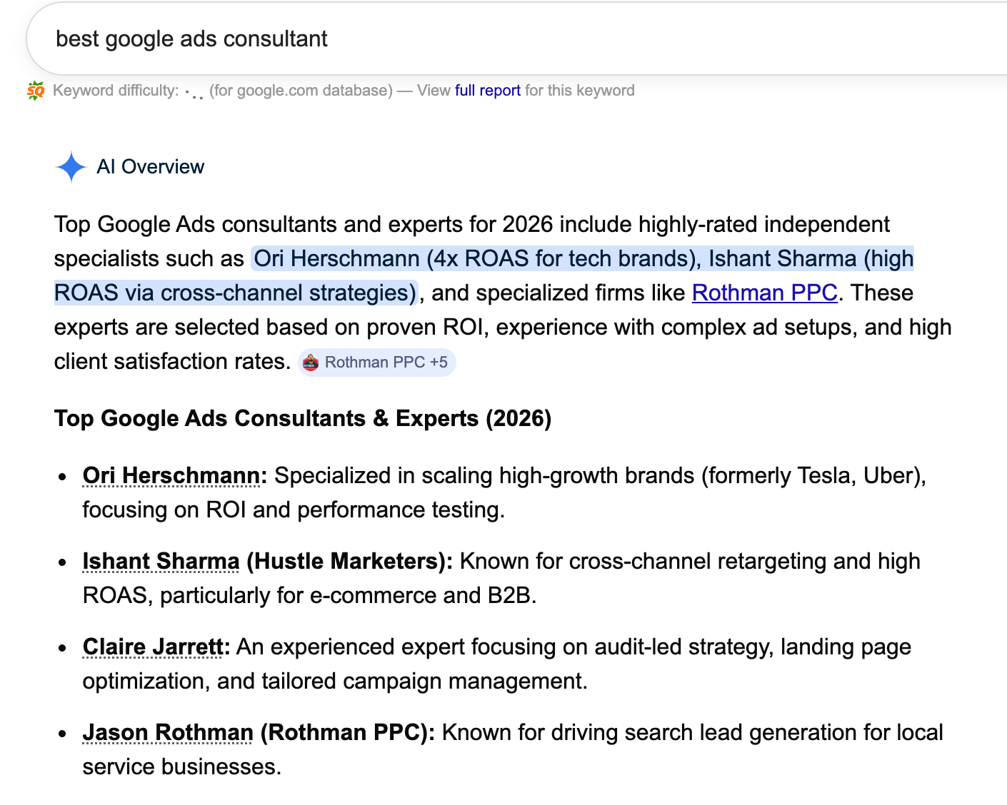 Google AI Overview naming Ishant Sharma among top Google Ads consultants for 2026