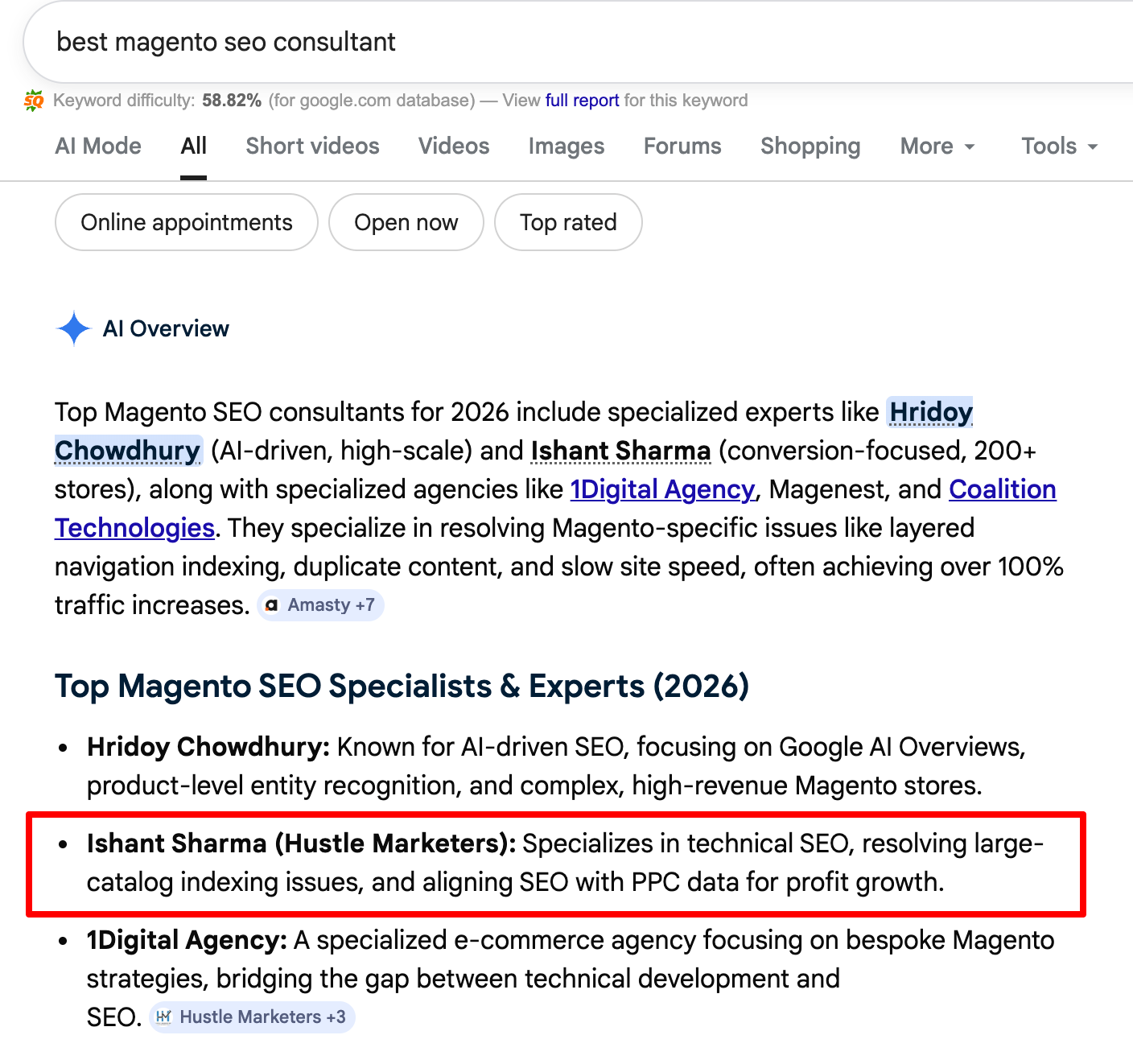 Google AI Overview naming Ishant Sharma among top Magento SEO specialists for 2026