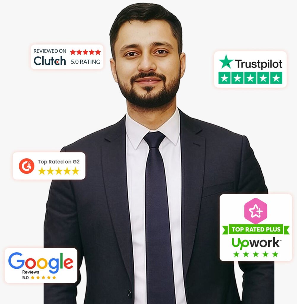 Ishant Sharma, Google Ads, Meta Ads, and SEO specialist and Founder of Hustle Marketers, with 5-star ratings on Clutch, Trustpilot, G2, Upwork Top Rated Plus, and Google Reviews