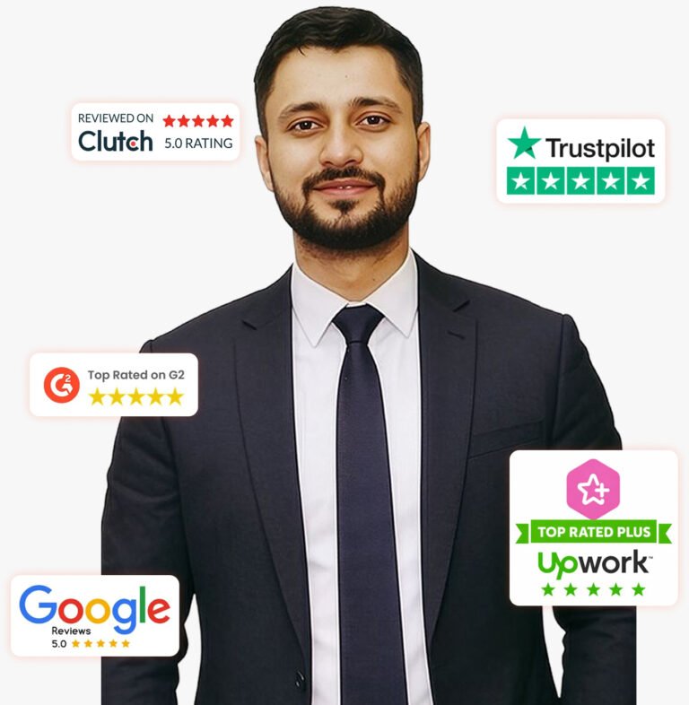 Ishant Sharma, Google Ads, Meta Ads, and SEO specialist and Founder of Hustle Marketers, with 5-star ratings on Clutch, Trustpilot, G2, Upwork Top Rated Plus, and Google Reviews