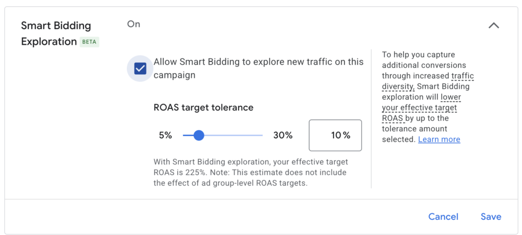 Google Ads Smart Bidding Exploration settings panel showing ROAS target tolerance slider set to 10%, with effective target ROAS of 225% based on a 250% target